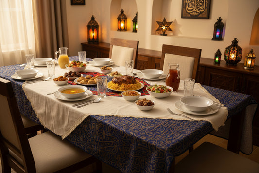 Blue calligraphy table cover