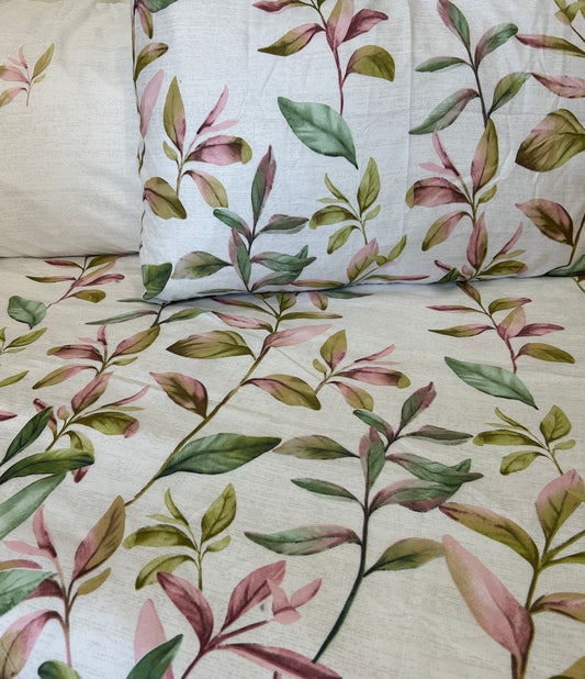 Pink leaves printed bed sheet set