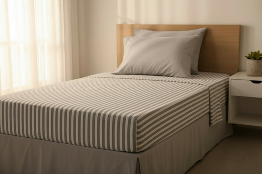 Gray stripped fitted bed sheet set