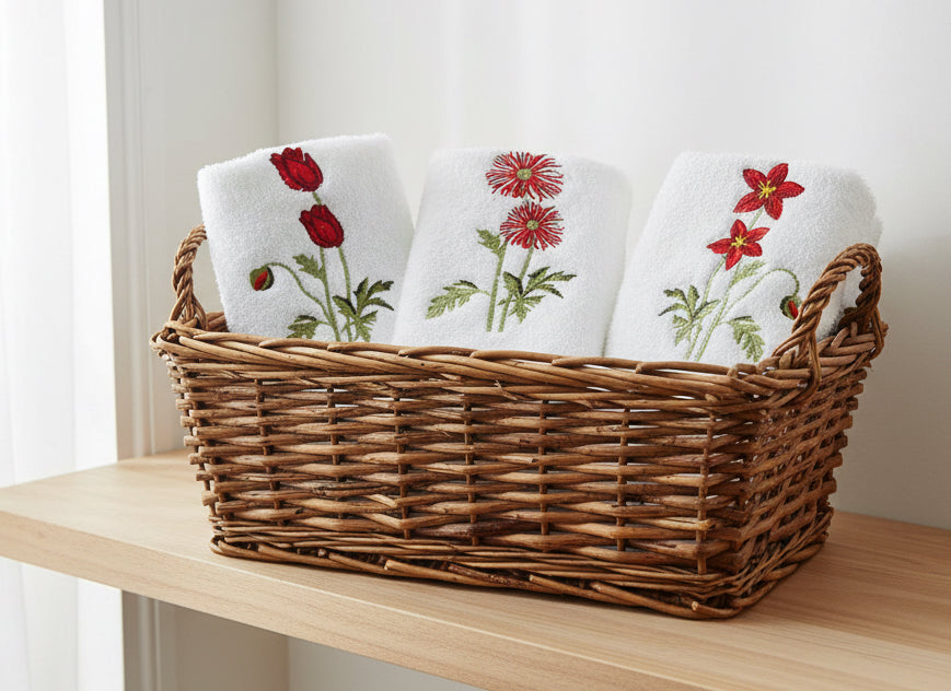 3 Red  flowers Guest towels